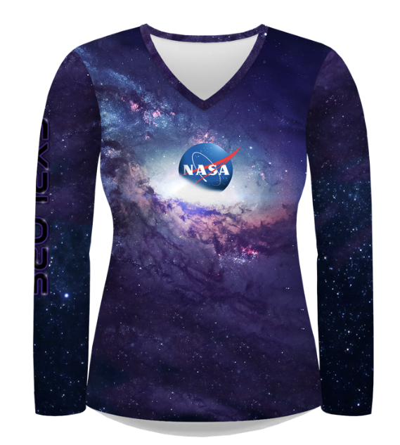 NASA Logo Cosmic Front With NASA Worm Logo on Back Performance Long Sleeve Ladies V-Neck  Shirt