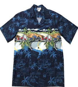 NASA Worm  Logo Hawaiian Motorcycles Button Up Shirt - Navy