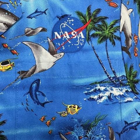 NASA Logo Hawaiian Shark Button Up Shirt - Blue