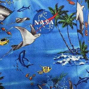 NASA Logo Hawaiian Shark Button Up Shirt - Blue