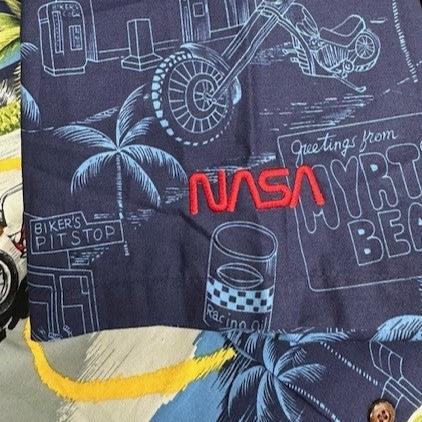 NASA Worm  Logo Hawaiian Motorcycles Button Up Shirt - Navy