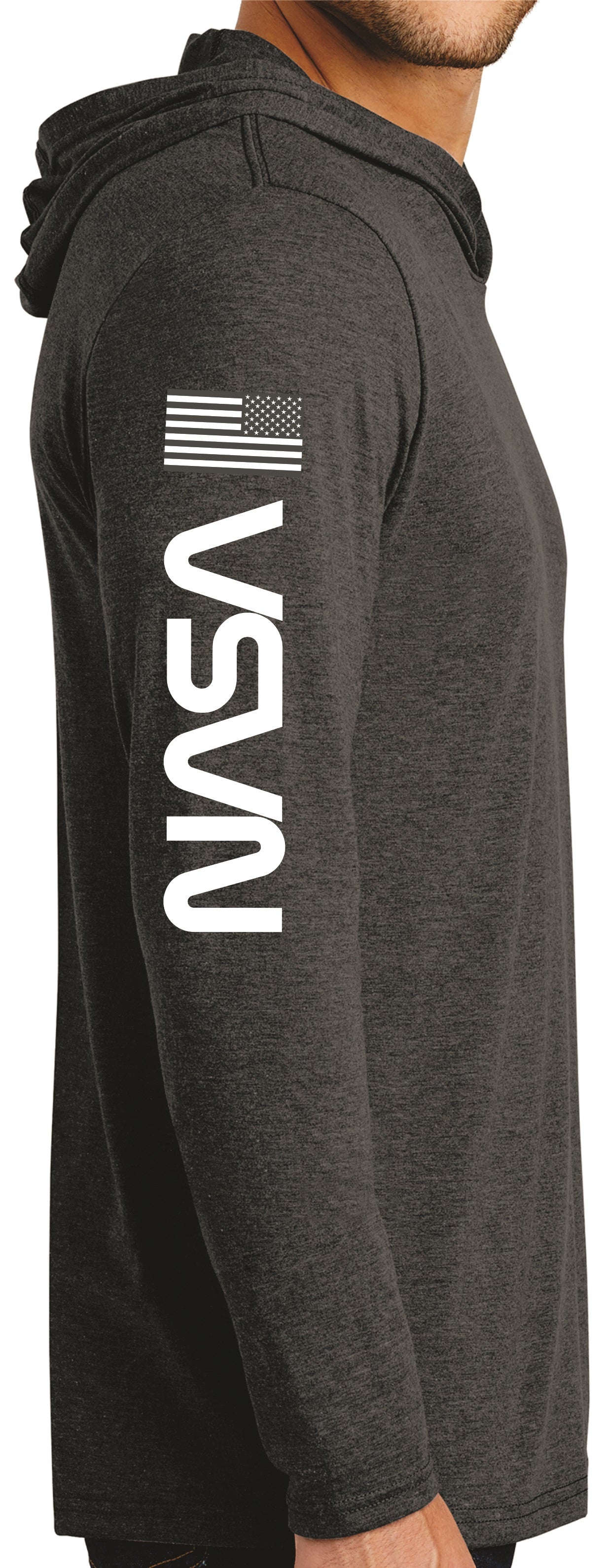 NASA Logo Long Sleeve Hooded Shirt with NASA Worm and USA Flag Black Frost