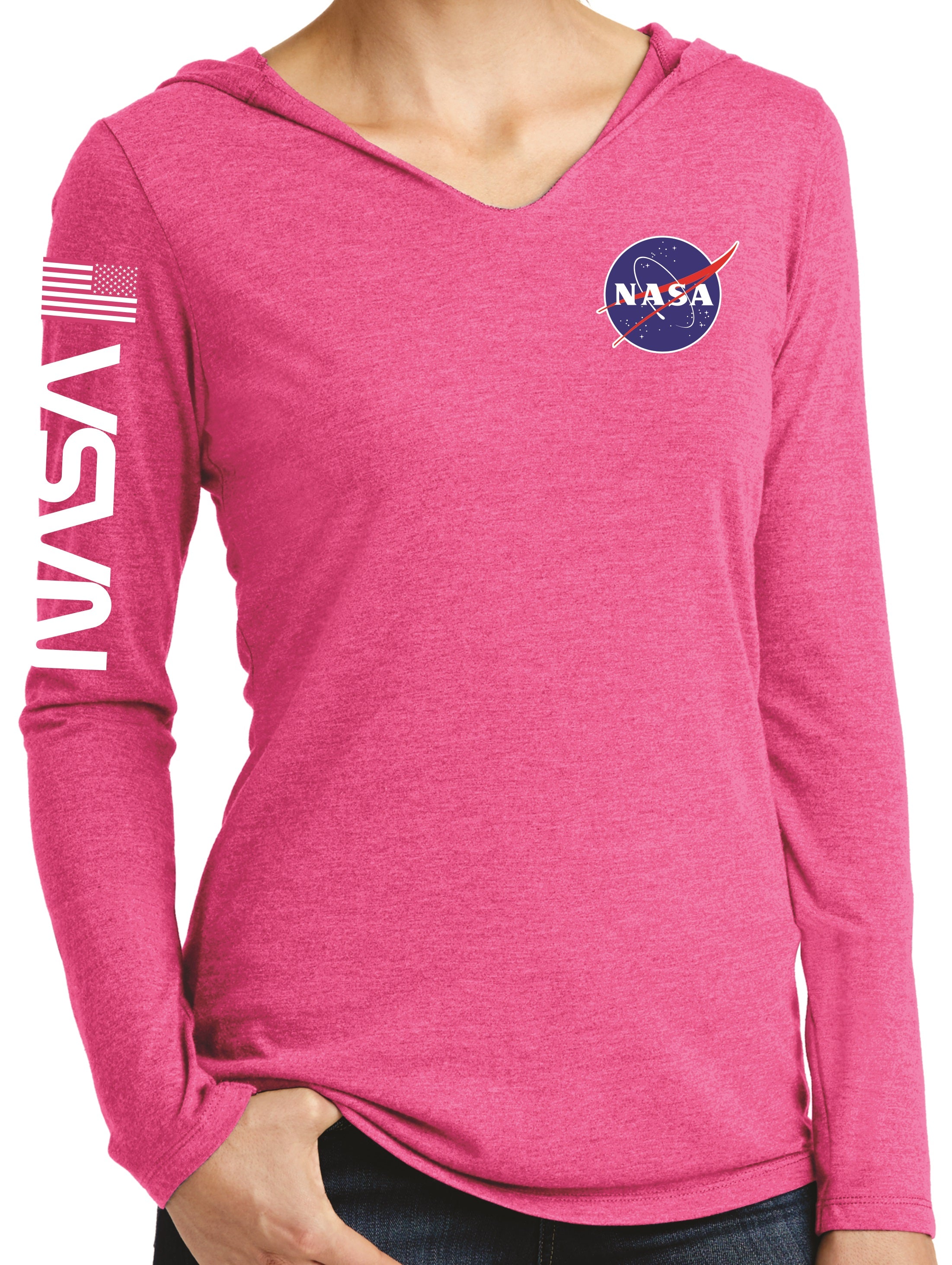 NASA Logo Ladies Long Sleeve Hooded Shirt with NASA Worm and USA Flag Fuchsia or Navy  Frost