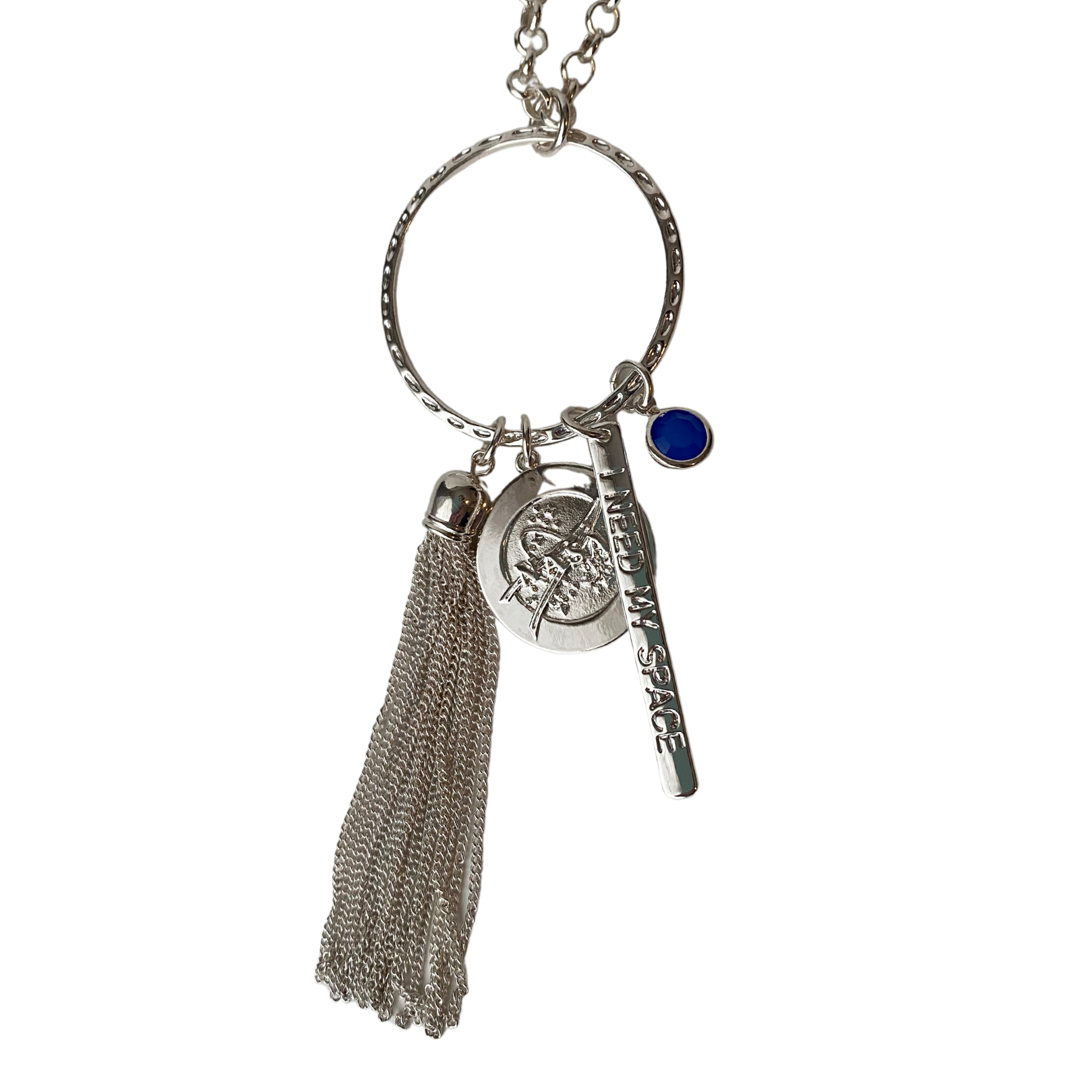 NASA Logo, Kennedy Space Center, Silver Necklace with Blue Bead and Tassel