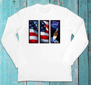 NASA Logo Kennedy Space Center SPF 50 Long Sleeve Performance Shirt with Flag and SLS Rocket