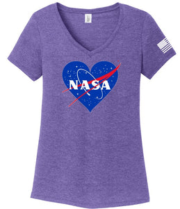 NASA Heart Ladies V-Neck T-Shirt with Flag