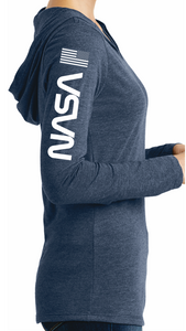 NASA Logo Ladies Long Sleeve Hooded Shirt with NASA Worm and USA Flag Fuchsia or Navy  Frost
